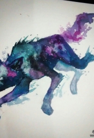 彩色泼墨星空狼纹身图案手稿