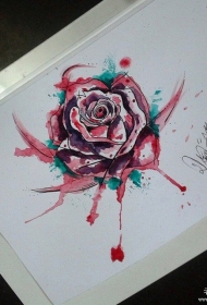 欧美泼墨玫瑰纹身图案手稿