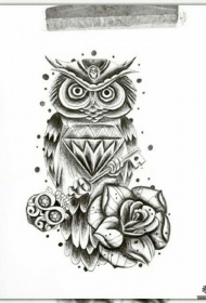 欧美猫头鹰玫瑰花黑灰纹身图案手稿