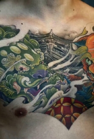 胸部浓情中国风传统唐狮彩绘纹身图案