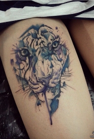 大腿性感泼墨老虎纹身图案