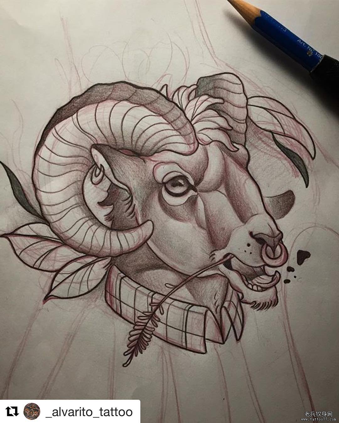 欧美羚羊黑灰纹身图案手稿