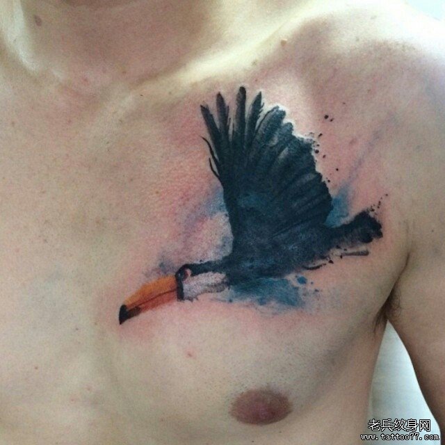 胸部泼墨鸟小清新纹身图案