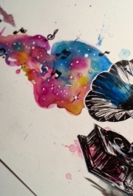 欧美收音机彩色泼墨音符纹身图案手稿