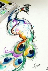 欧美彩色泼墨美丽的孔雀纹身图案手稿