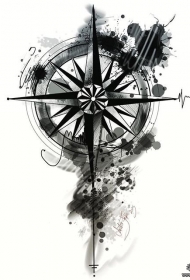 欧美指南针黑灰泼墨纹身图案手稿