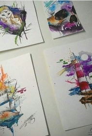 欧美帆船灯塔骷髅彩色泼墨纹身图案手稿