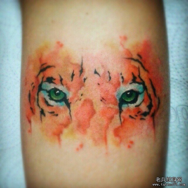 小腿彩色老虎眼睛泼墨纹身图案