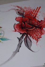 欧美彩色泼墨玫瑰纹身图案手稿