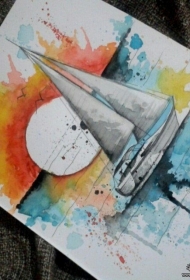 欧美泼墨日落帆船纹身图案手稿