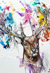 欧美泼墨漂亮的麋鹿纹身图案手稿