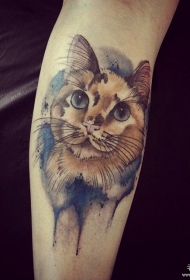 小臂泼墨猫彩色纹身图案