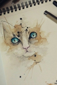 欧美泼墨彩色猫纹身图案手稿
