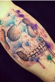 小腿骷髅泼墨彩色纹身图案