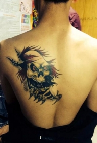 背部帅气的骷髅头撕皮纹身图案