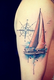大臂帆船指南针彩色纹身图案