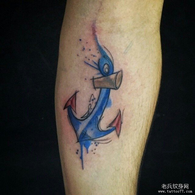 小臂船锚泼墨彩色纹身图案