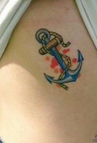 侧腰小清新彩色船锚纹身图案