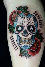 小腿school欧美骷髅玫瑰彩色纹身图案