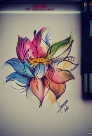 彩色莲花泼墨纹身图案手稿
