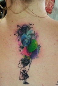 背部卡通气球女孩彩绘纹身图案