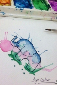 小清新彩色泼墨小象纹身图案手稿