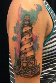 大臂灯塔彩色泼墨纹身图案