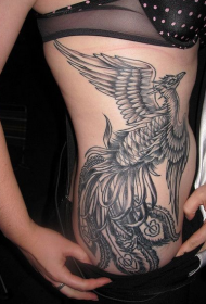 腰部黑灰凤凰纹身图案