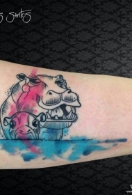 大臂小清新河马泼墨线条纹身图案