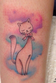 小腿泼墨彩色猫咪纹身图案