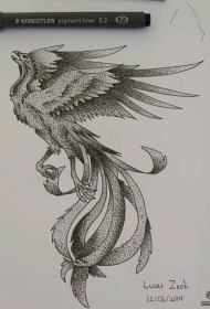 欧美凤凰点刺纹身图案手稿