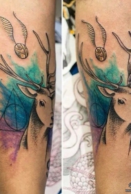 小腿麋鹿几何泼墨点刺纹身图案