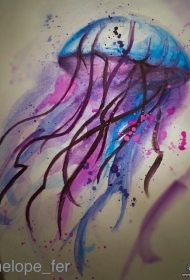 欧美彩色泼墨水母纹身图案手稿