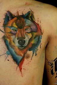 胸部欧美泼墨狼头纹身图案