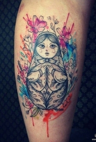 小腿泼墨套娃花朵纹身图案