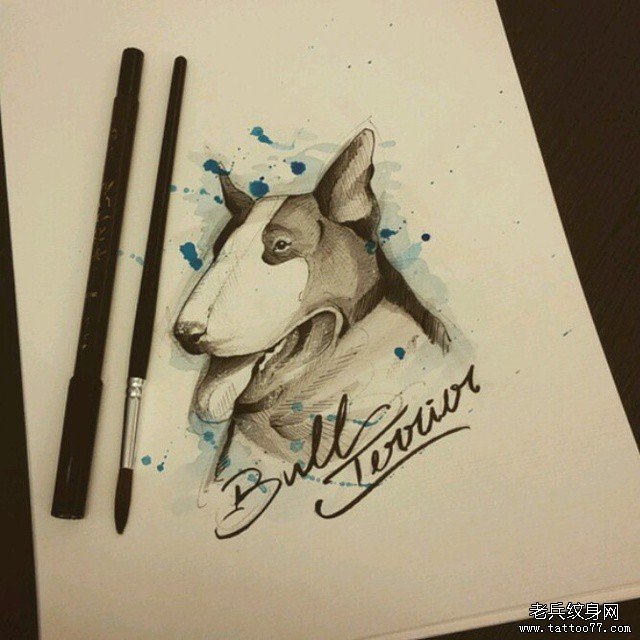 欧美狗头像字母纹身图案手稿