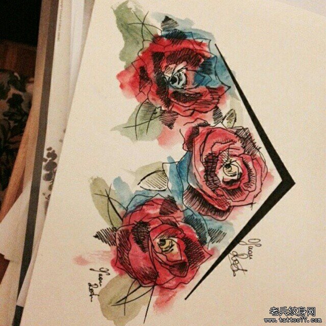 欧美彩色泼墨玫瑰纹身图案手稿