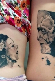 情侣侧腰人像泼墨纹身图案
