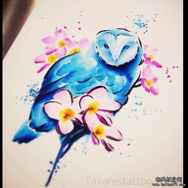欧美彩色泼墨猫头鹰花朵纹身图案手稿