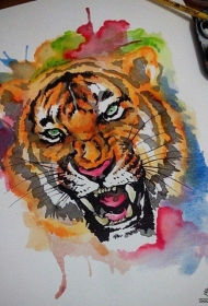 欧美彩色泼墨老虎头像纹身图案手稿