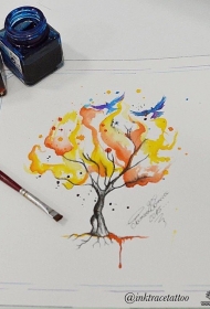欧美泼墨树纹身图案手稿