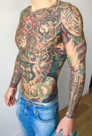 男生大面积彩绘技巧几何元素点刺技巧抽象线条纹身图片