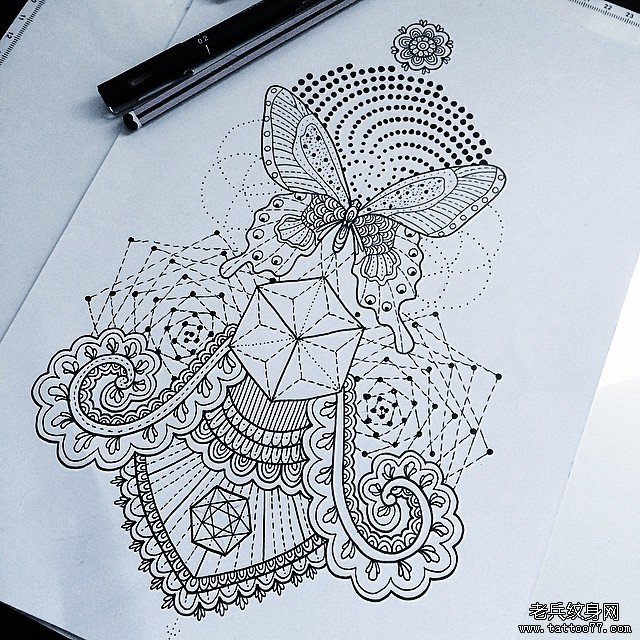 欧美蕾丝几何梵花蝴蝶纹身图案手稿