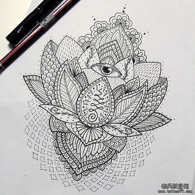 欧美莲花线条几何眼睛纹身图案手稿