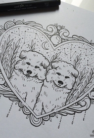 欧美心形狗点刺纹身图案手稿