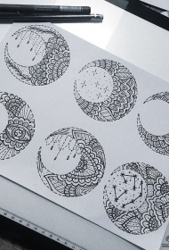 梵花月亮线条纹身图案手稿