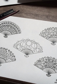 欧美梵花扇子线条纹身图案手稿