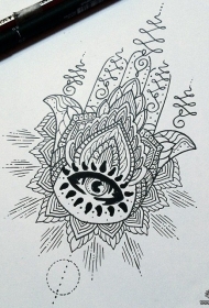 法蒂玛之手眼睛梵花线条纹身图案手稿