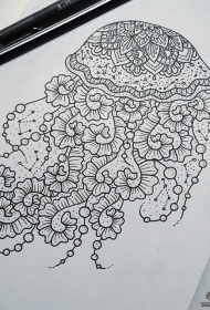欧美线条梵花组合水母纹身图案手稿