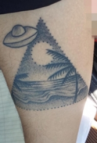 小腿上黑白灰风格几何元素点刺技巧山水纹身风景图片